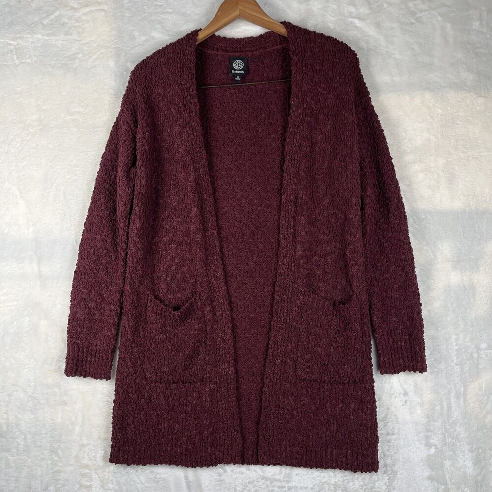 Bobeau Sweater Open Front Patch Pocket Popcorn Cardigan Burgundy Sz M Wine‎ Red